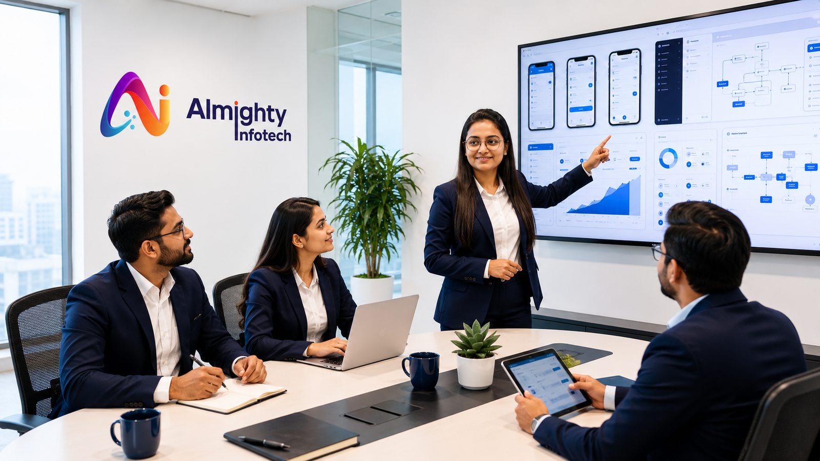 Almighty Infotech team reviewing a project dashboard